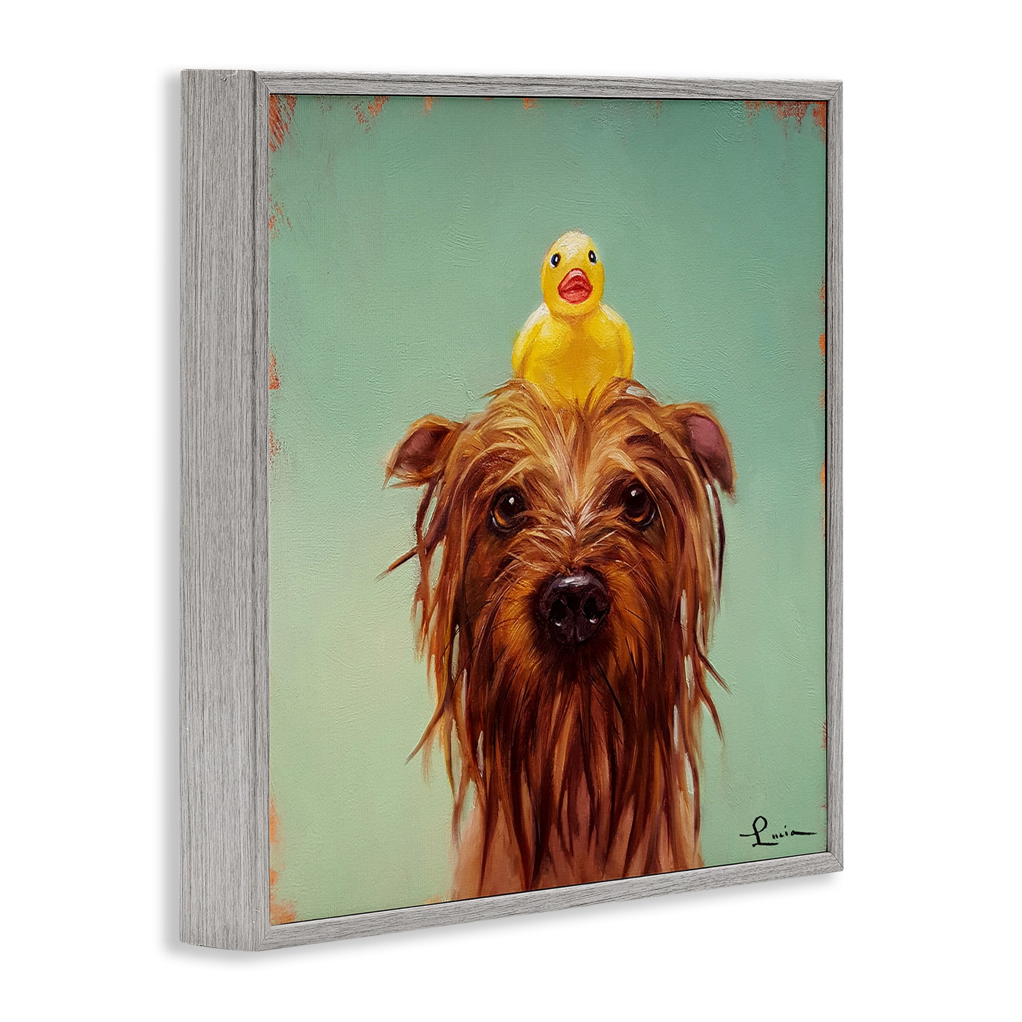 Stupell Industries Wet Dog with a Rubber Ducky Animals & Insects Painting Gray Framed Art Print Wall Art, 12 x 12