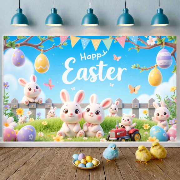 Pastel Color Happy Easter Banner Cute Bunny Design Easter Party Background Floral Decoration Easter Egg Detail for Easter Party Outdoor Celebration Photo Shoot
