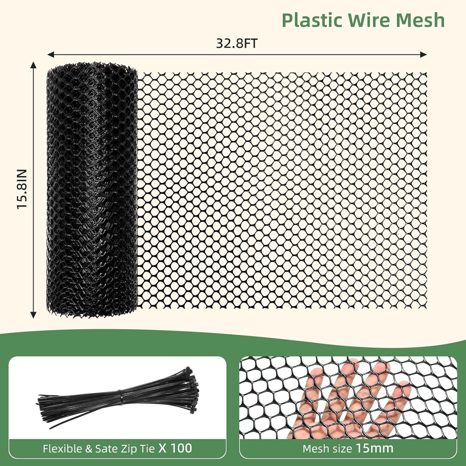 Troxlin Plastic Wire Mesh Fence Roll, 15.7IN x 26.3FT Plastic Chicken Wire Mesh, Balcony Garden Floral Netting Fencing Barrier for for Crafts, Poultry, Garden,Black(100 tie straps)