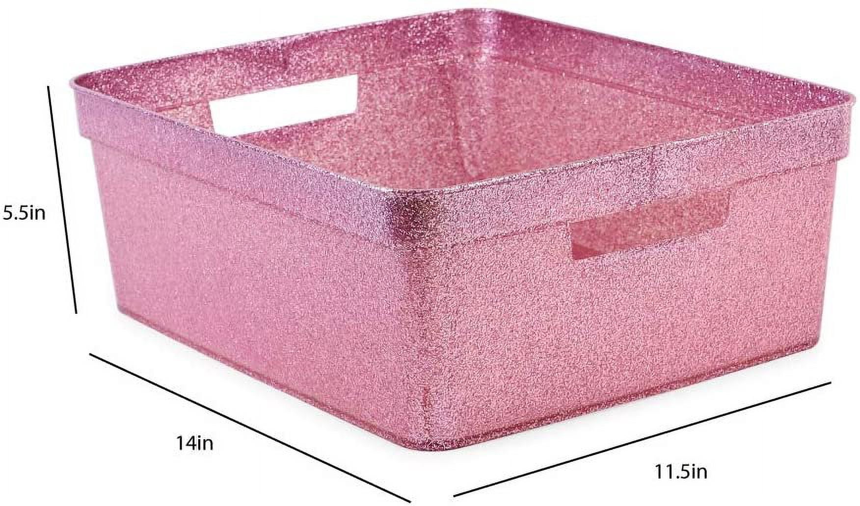 Isaac Jacobs Medium Glitter Storage Bin 14 x 11.5 x 5.5 Set w/Cut-Out Handles, Plastic Organizer, Multi-Functional, Home Storage Solution, Kids Playroom, Bedroom, Closet 2, Pink