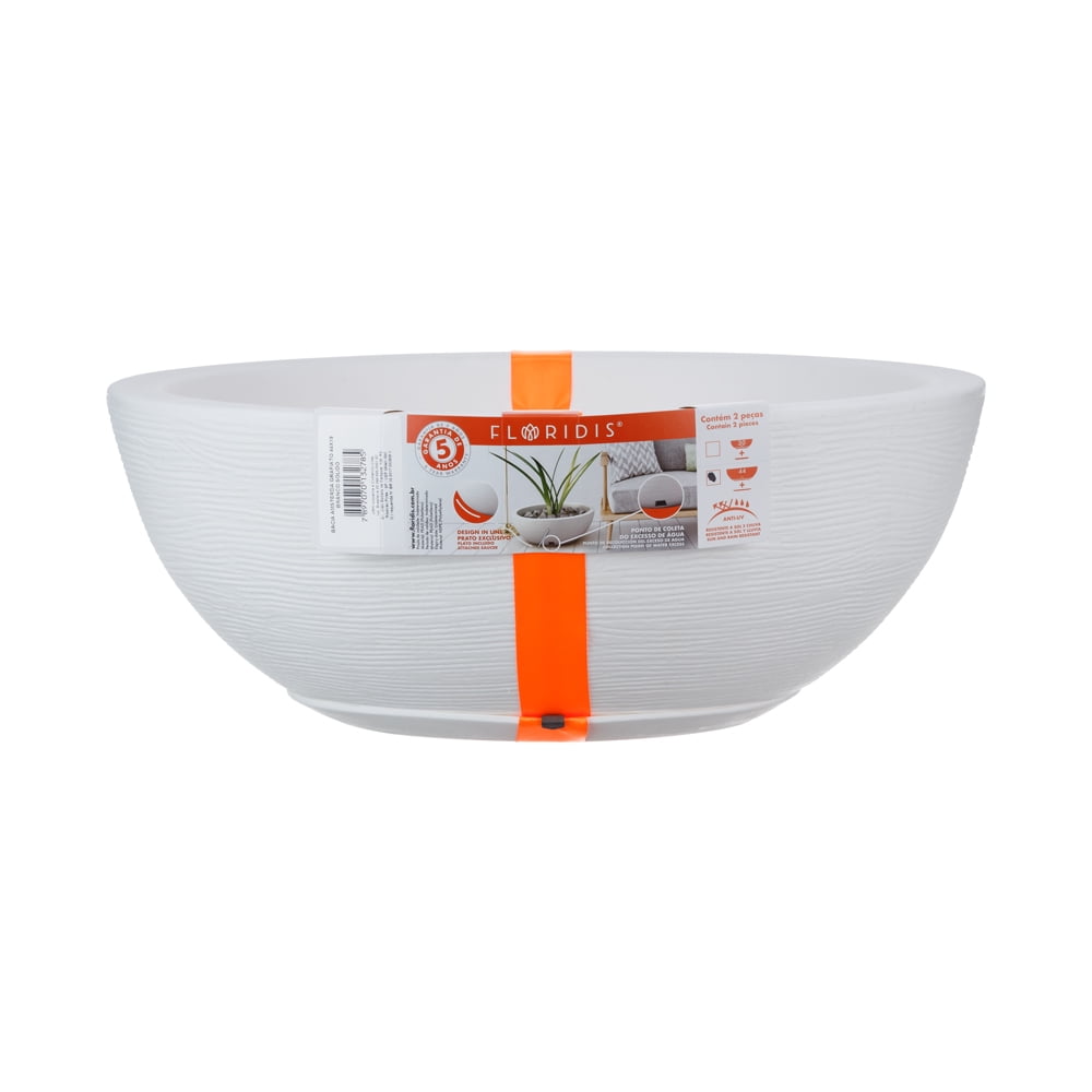 Floridis Garden Bowl Planter, Removable Saucer, Drainage Hole, Indoor/Outdoor, Large Planter Bowl 20x7.50 inches, White