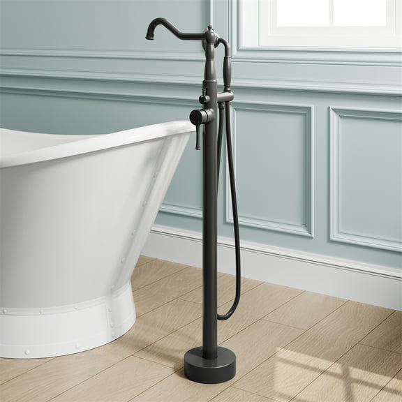 ANGELES HOME Freestanding Tub Faucet with Handheld Shower, Floor Mount Bathtub Filler, Roman Bathtub Faucet with Swivel Spout Brass Rough-in and Water Hose, Matte Black