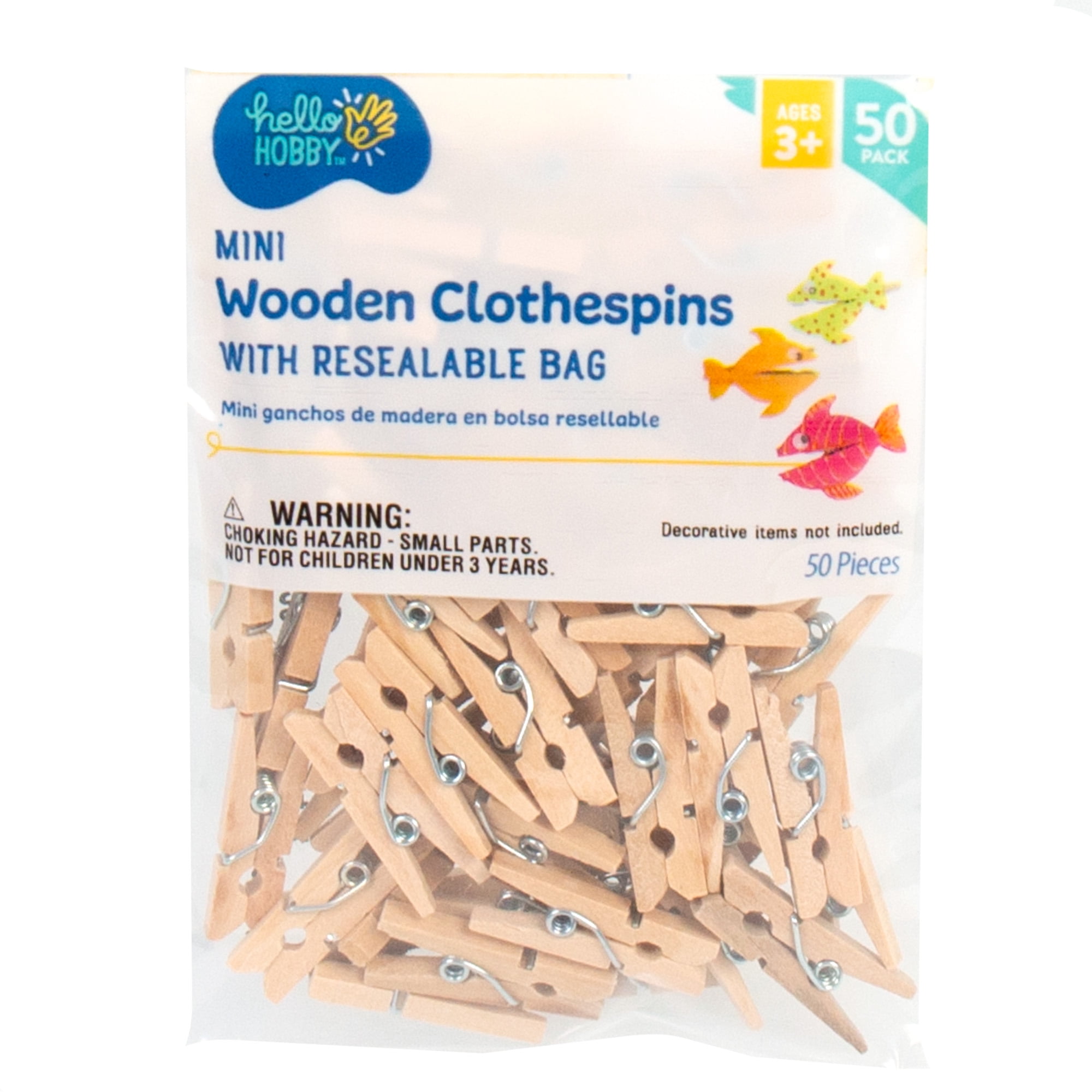 (3 pack) Hello Hobby Mini Wood Clothespins With Resealable Bag, 50-Pack