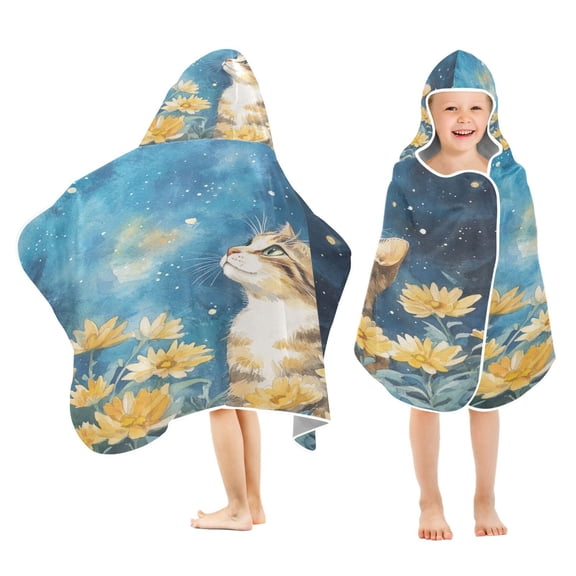 BZSMCE Towels Kids Hooded Beach Towel Cat Gazing at Starry Sky Pool Bath Towel Soft