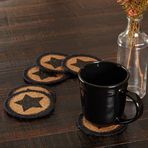 VHC Brands Farmhouse Primitive Jute Black Textured Round Kitchen Coaster Stencil Star Set of 6 4"