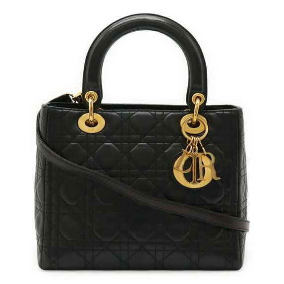 Pre-Owned Christian Dior Lady Cannage handbag tote bag in black lambskin leather (Good)