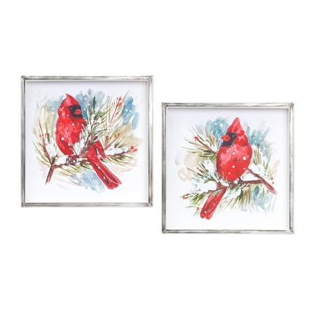 Home Decorative Cardinal And Pine Frame (Set Of 2) 14"Sq Mdf, Iron