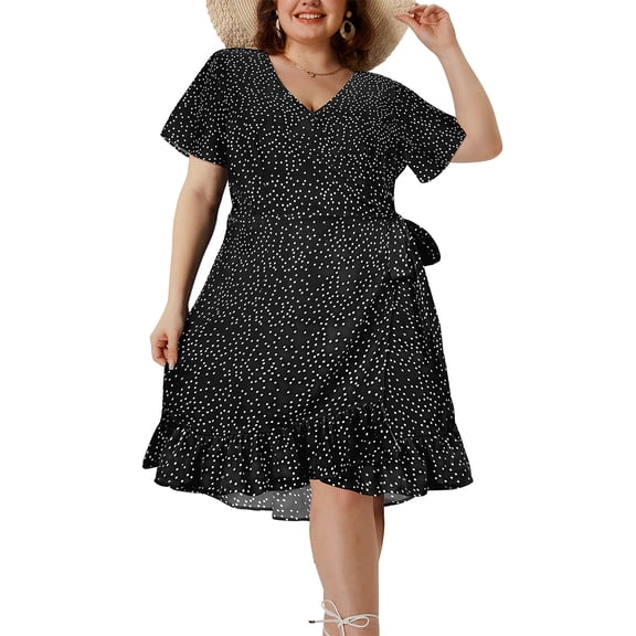CASSIE LIZ Plus Size Dress For Women Polka Dot V Neck Dress Black Flutter Trim Hem Belt Tunic Dress Short Sleeves Dress Casual Loose Fits Dress For Summer XL 14W 16W