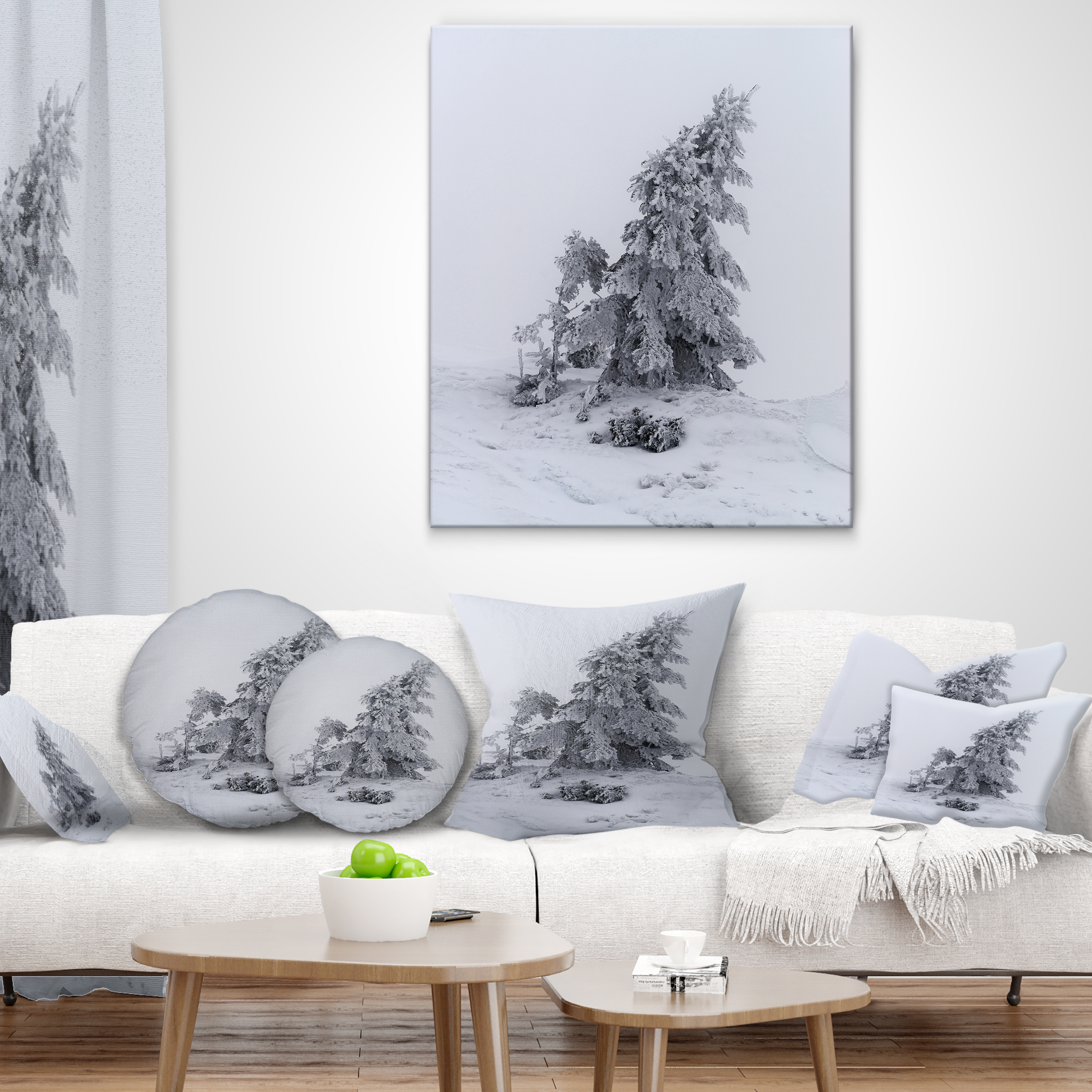 Designart Grayscale Valley in Frost - Landscape Photo Throw Pillow - 12x20