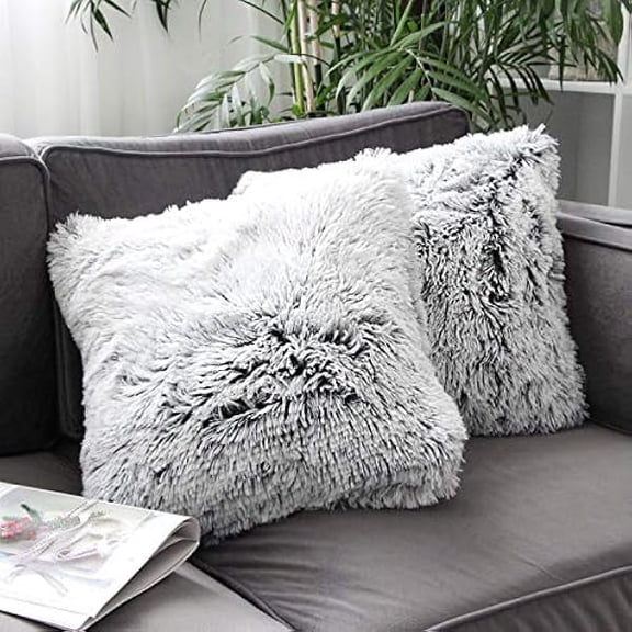 Eryueer Set of 2 Black Ombre Decorative Fluffy Pillow Covers, 20"x20" Home Decorative Luxury Series Super Soft Style Artificial Fur Winter Throw Pillow Case Cushion Cover for Sofa Bed Couch 50x50 cm