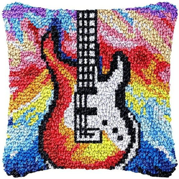 Cool Guitar Latch Hook Pillow Cover Kits for DIY Handmade Throw Pillow Cross Stitch Latch Hook Pillowcase Rug Kits with Preprinted Color Pattern Canvas Crochet Yarn Kits 17''X 17''(ch37)