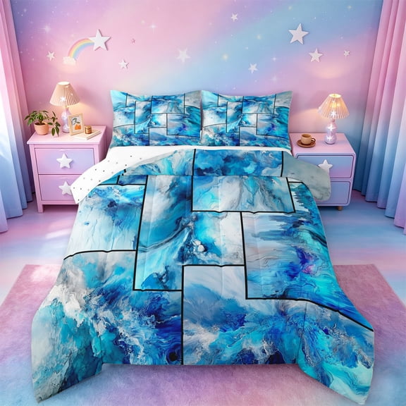 jejeloiu Blue Ocean Patchwork Art Full Size Comforter Sets Kids,Coastal Print Bedding Sets,Reversible,3-Piece