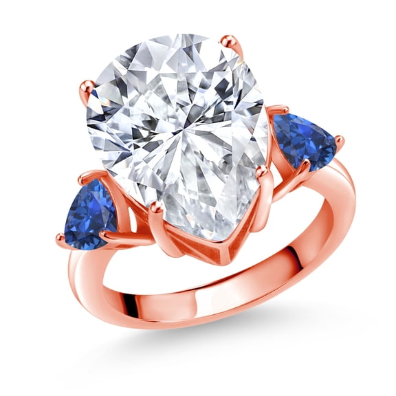 Gem Stone King 18K Rose Gold Plated Silver Blue Created Sapphire Ring Set with Moissanite (10.25 Cttw) (Size 6)