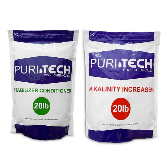 Puri Tech Powder Chemical 20 lb Alkalinity Increaser & 20 lb Stabilizer Conditioner Kit for Pools & Spas