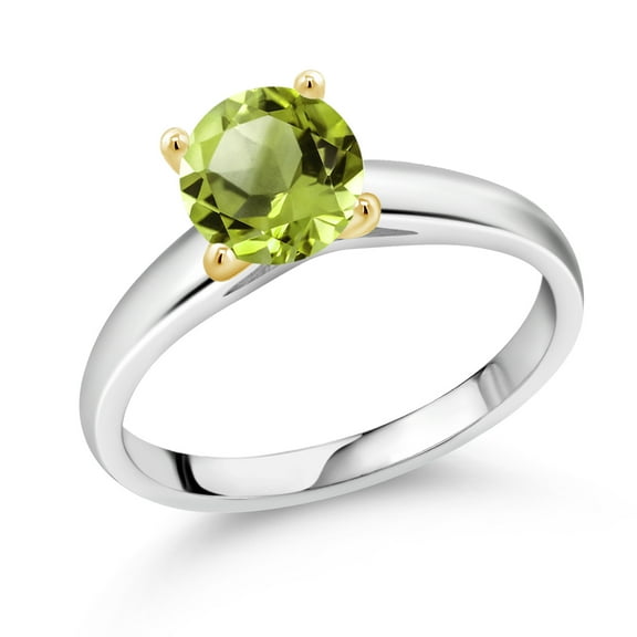 Gem Stone King 1.45 Ct 7mm Round Green Peridot 925 Silver and 10K Yellow Gold Ring Ring (Size 6)