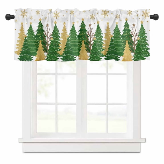 Christmas Tree Valances for Windows Winter Snowflakes Green Gold Tree Stars Rod Pocket Curtain Valance Window Treatment Short Curtains for Kitchen Living Room, 60"x14"