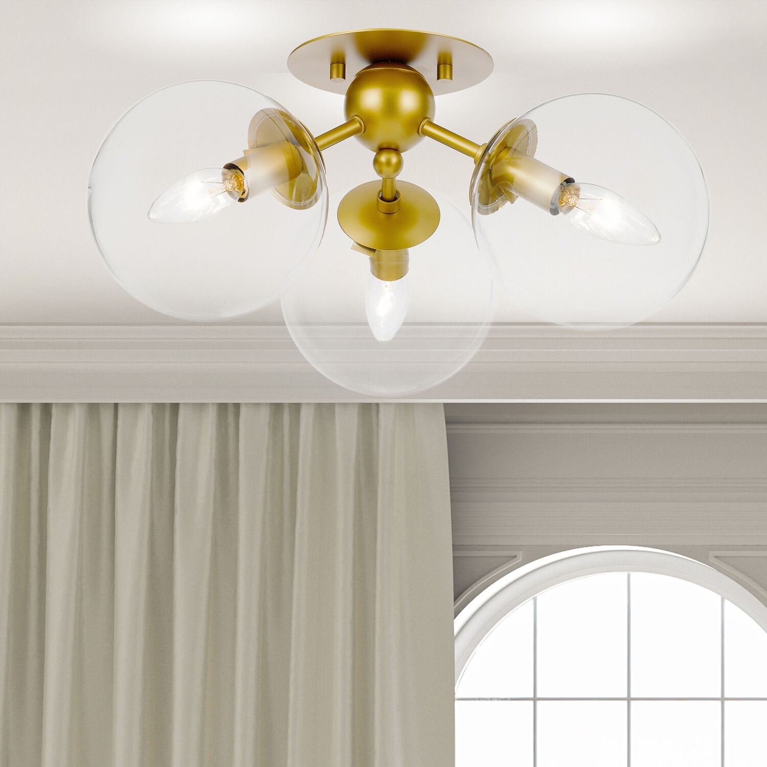 Hanover Neve Gold Metal Pendant Light with 3 Clear Glass Globes | Flush Mounted Ceiling Light Fixture for Living Room, Bedroom, Hallway, Stairwell, Entryway, Kitchen | Hardwired