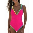 thumbnail image 2 of Women's Swimsuit Tummy Control Deep V Neck Neon Colorblock Swimwear Rose Red L, 2 of 8