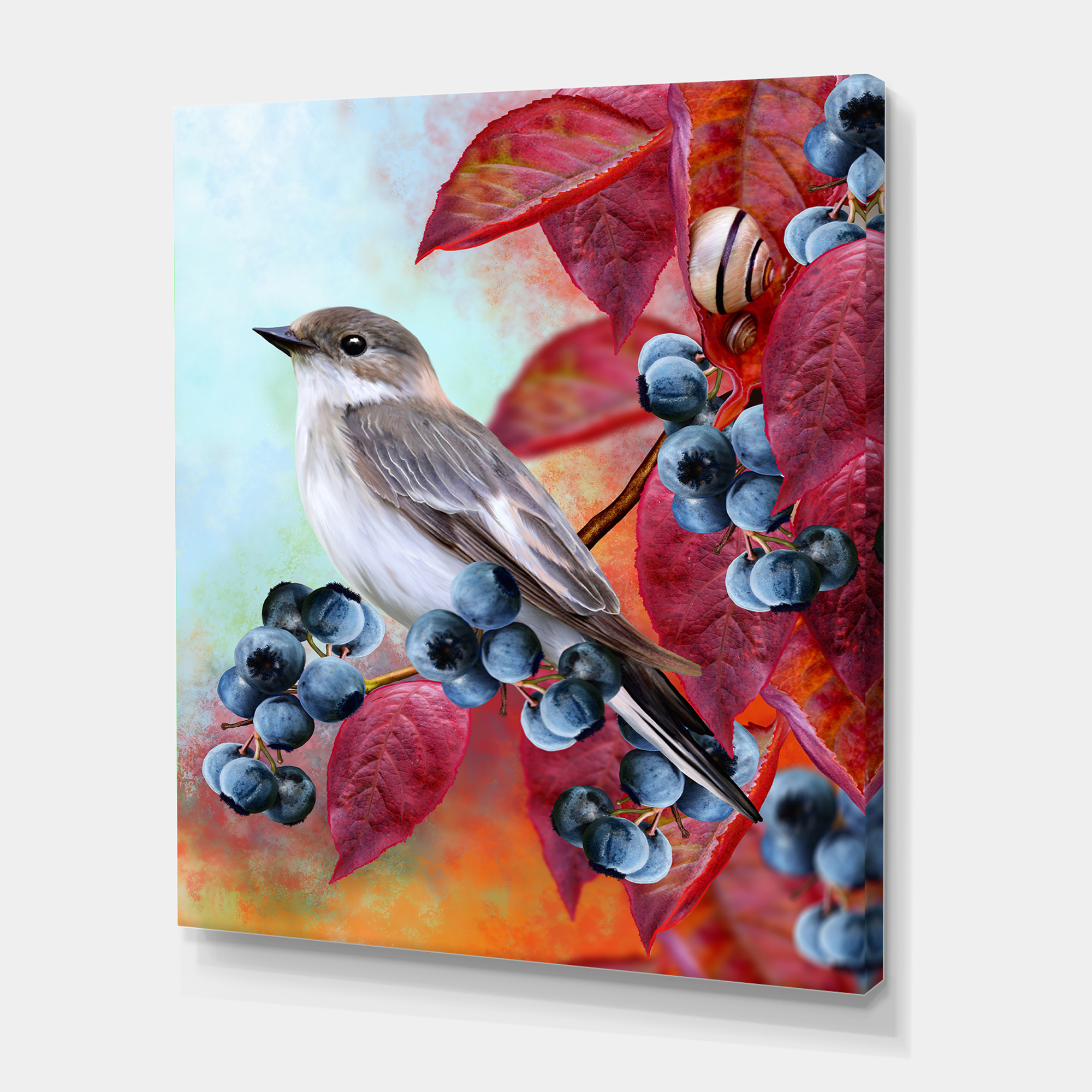Designart ' Close Up Little Gray Bird On Red Autumn On Blueberry Twig ' Traditional Canvas Wall Art Print
