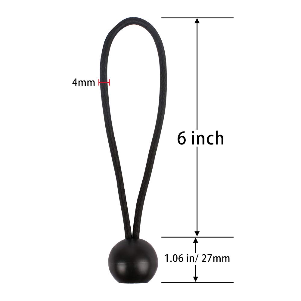 Bungee Balls, Black Ball Bungee Heavy Duty Heavyweight 4 inches Tarp Bungee Cords, Weather Resistant Tie Down Strap 4mm Thickness - for Camping, Tents, Cargo, Holding Wire and Hoses