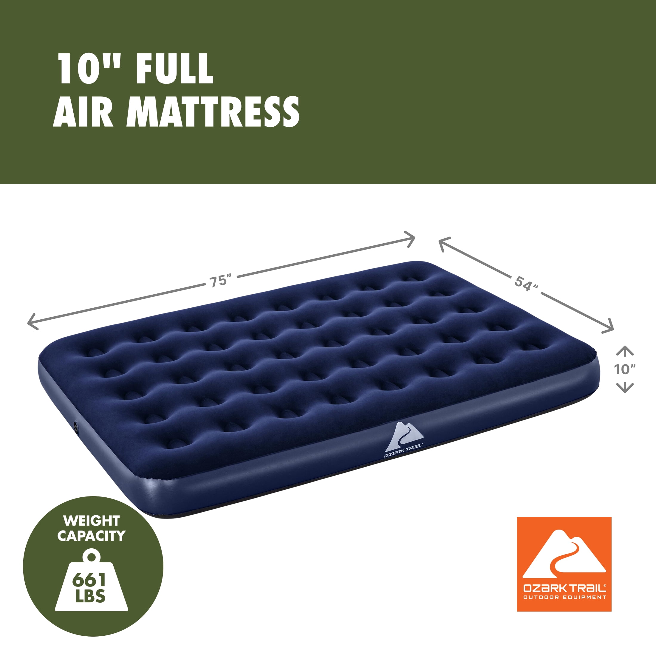 Ozark Trail Full Air Mattress, 10 inch Air Bed, Inflatable Air Mattress, Blow Up Mattress without Pump