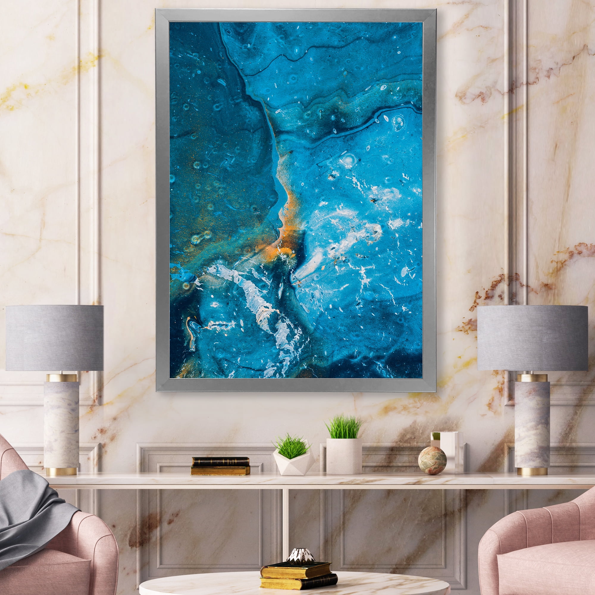 Designart 'Abstract Blue Marble Composition I' Modern Framed Art Print