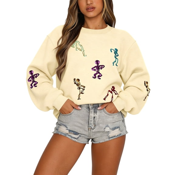JIAYUE Women Halloween Sweatshirt Skeleton Embroidery Crew Neck Long Sleeve Loose Fit Pullover Casual Tops Outdoor Versatile For Daily Comfortable Wear