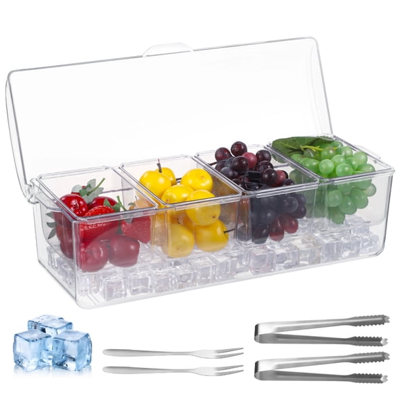 Chilled Condiment Container, Clear Condiment Server with Lid & Ice Trays, Bar Garnish Holder with 4 Removable Compartments, Salad Storage Box for Parties, Picnics, Buffets