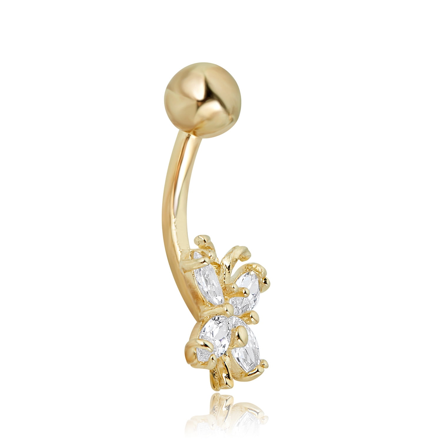 AVORA 10K Yellow Gold Simulated Diamond CZ  Butterfly Belly Button Ring Body Jewelry (14 Gauge)