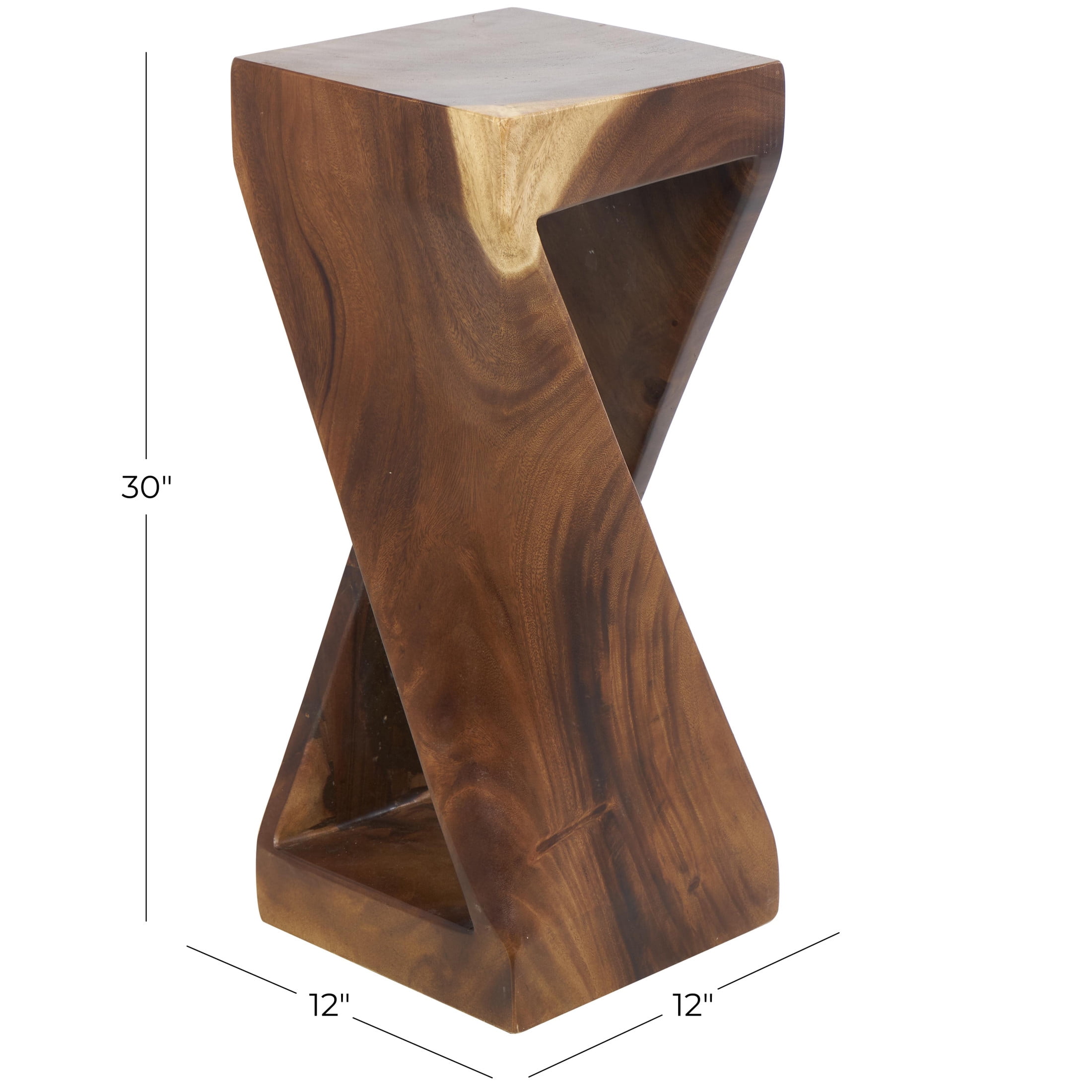 DecMode 12" x 30" Brown Suar Wood Handmade Geometric Accent Table with Spiral Base, 1-Piece