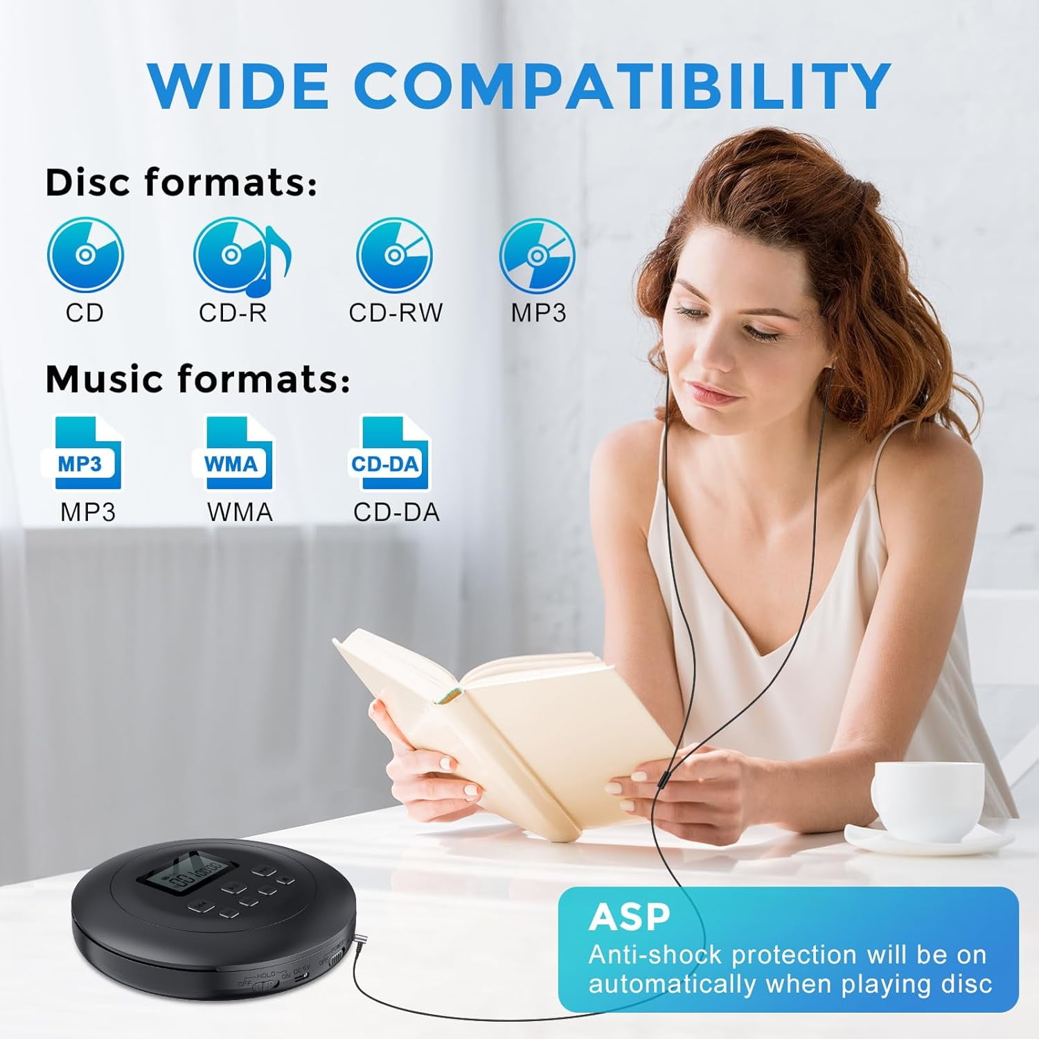 Gueray Portable CD Player with Dual Stereo Speakers, Rechargeable CD Player for Car, Walkman CD Players for Home with Headphones and AUX Cable