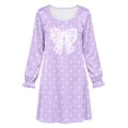 thumbnail image 4 of ATORRE Girls Bowknot Long Sleeve Dress Lightweight Cute Polka Dots Loose Crewnecke Swing Satin Dresses for Daily Fall Winter 2026 Purple 7-8 Years, 4 of 8