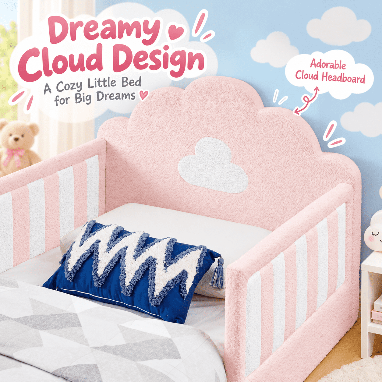 Wakefit Twin Size Kids Cloud Bed with Safety Guardrails,Boucle Upholstered Platform Bed Frame with Wood Slats,Cute Daybed for Girls Boys Bedroom,Pink