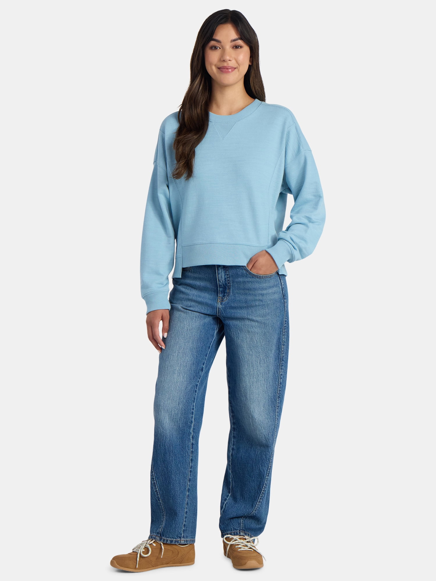 Time and Tru Women’s Ribbed Panel Sweatshirt with Long Sleeves, Sizes XS-XXXL