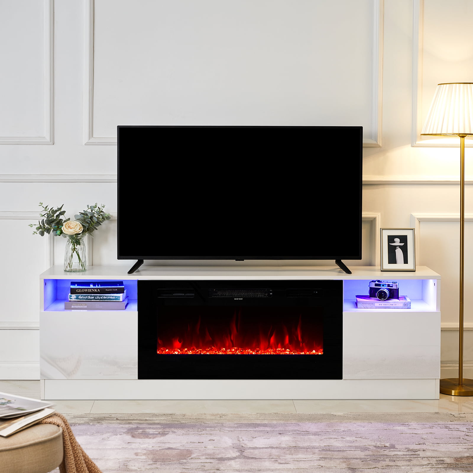 Amerlife TV Stand with Fireplace, LED Light Entertainment Center with 36  Electric Fireplace, 70 Modern Wood Entertainment Stand with Highlight  Storage Cabinet for TVs up to 80, White & Black 