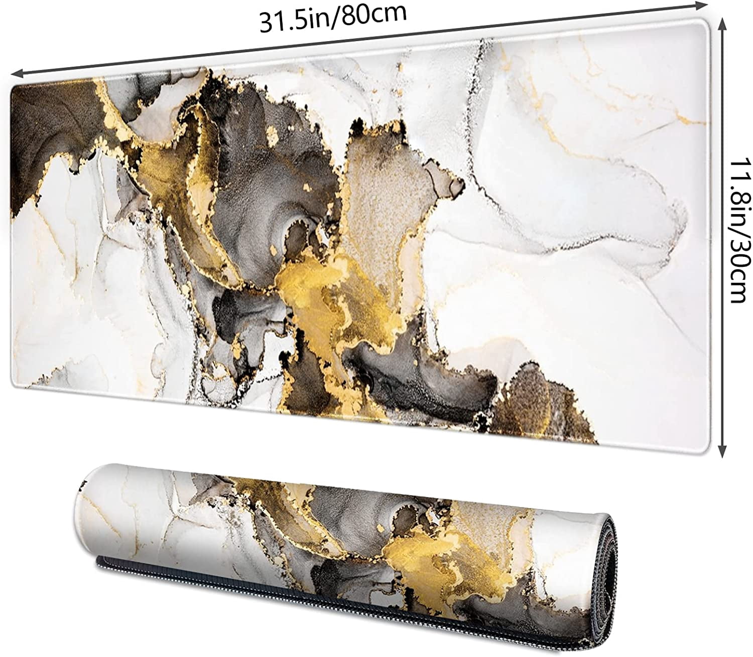 Large Mouse Pad XXL XL Large Mouse Pad Long Extended Mousepad Desk Pad Non-Slip Rubber Mice Pads Stitched Edges Thin Pad (31.5x11.8x0.12 Inch)-Ink White Gold Marble