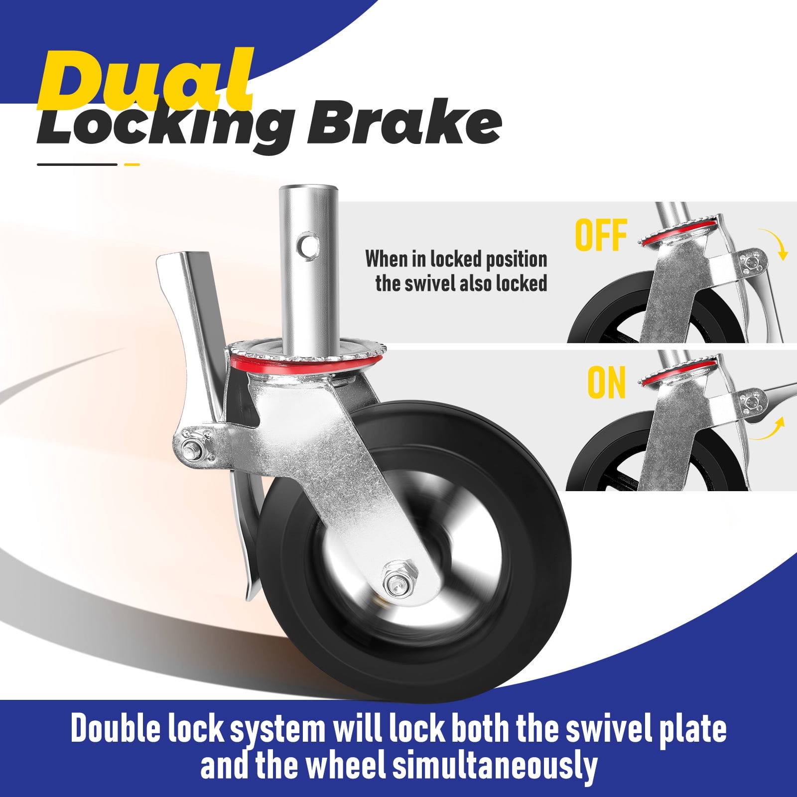 Scaffolding Wheels, Scaffold Wheels, Scaffold Caster, 8 Inch, Set of 4, Scaffolding Parts, Double Locking Brakes, Grease Fittings, Stem, Swivel, Heavy Duty, Rubber, Black, 6400LB Capacity