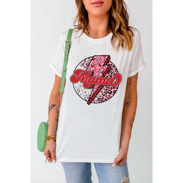 ABPHQTO Camiseta blanca con estampado de relámpagos de leopardo y corazón de MAMA para mujer