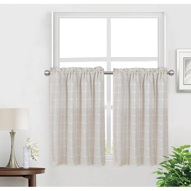 Kitchen Curtains 36 Inch Cafe Curtain Tiers, Light Filtering Linen Textured Short Curtains for Bathroom, Semi Sheer Farmhouse Small Window Curtain Rod Pocket 2 Panels (Light Beige)