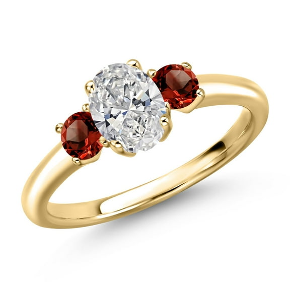 Gem Stone King 10K Yellow Gold DEF Lab Grown Diamond and Red Garnet Engagement Ring for Women | 1.10 Cttw | Oval 7X5MM | Gemstone April Birthstone | Size 6