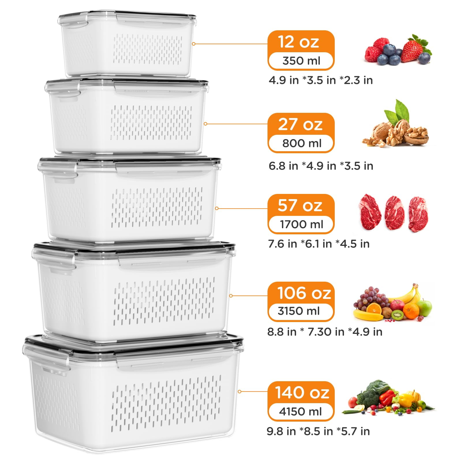 5-pack Fruit Storage Containers For Fridge With Removable Colanders  4 In 1 Produce Lids Leakproof Organizer Bins Salad Berry Lettuce Vegetables Meat Keeper Fresh