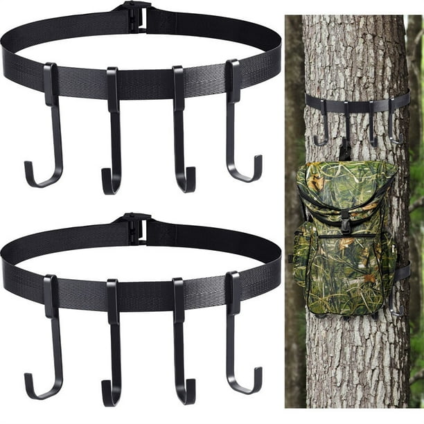Treestand Straps with Multiple Hooks, Hunting Treestand Strap Tree Holder  for Hunting Equipment Black Hunting Accessory Men Tree Strap (2 Straps with  8 Hooks) 1.5M Webbing 