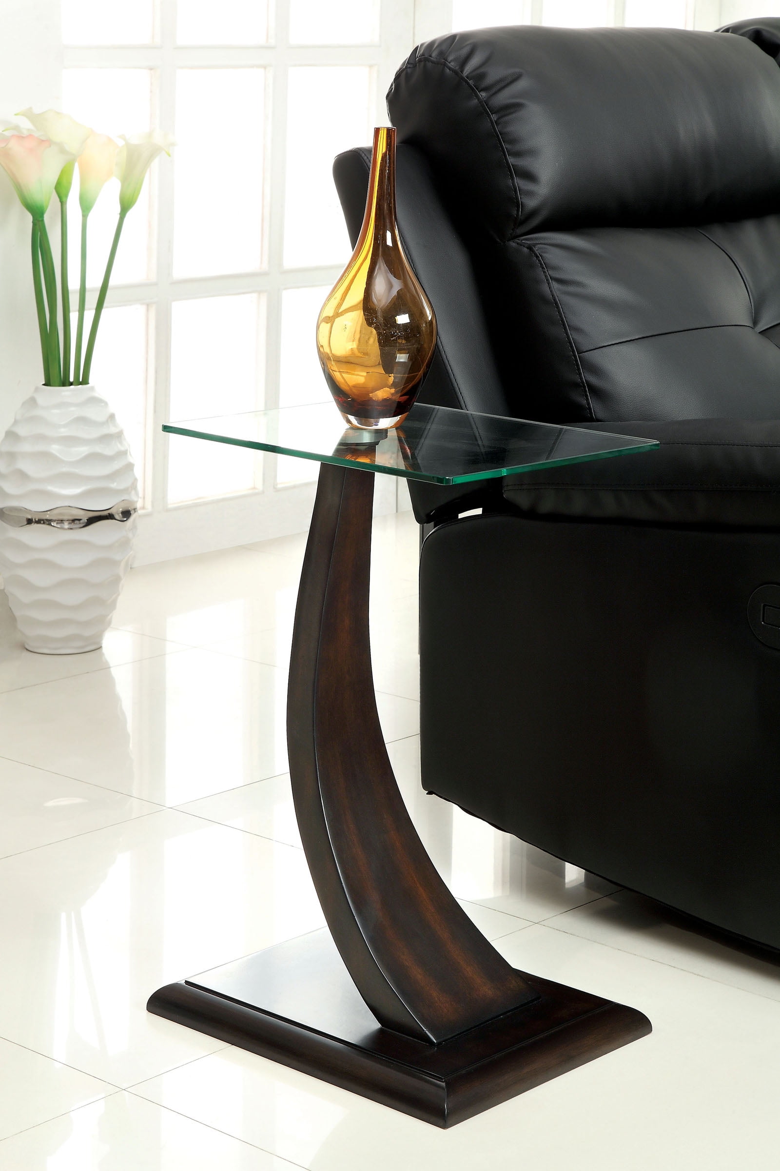 Dark Walnut Curved Pedestal Side Table with Glass Top