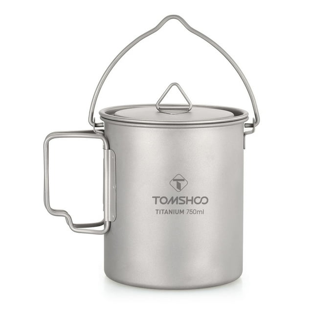 Tazas de titanio Taza de agua de titanio portátil, olla de titanio ultraligera, 750 ml Taza con tapa y asa plegable Campamento para cocinar al aire libre