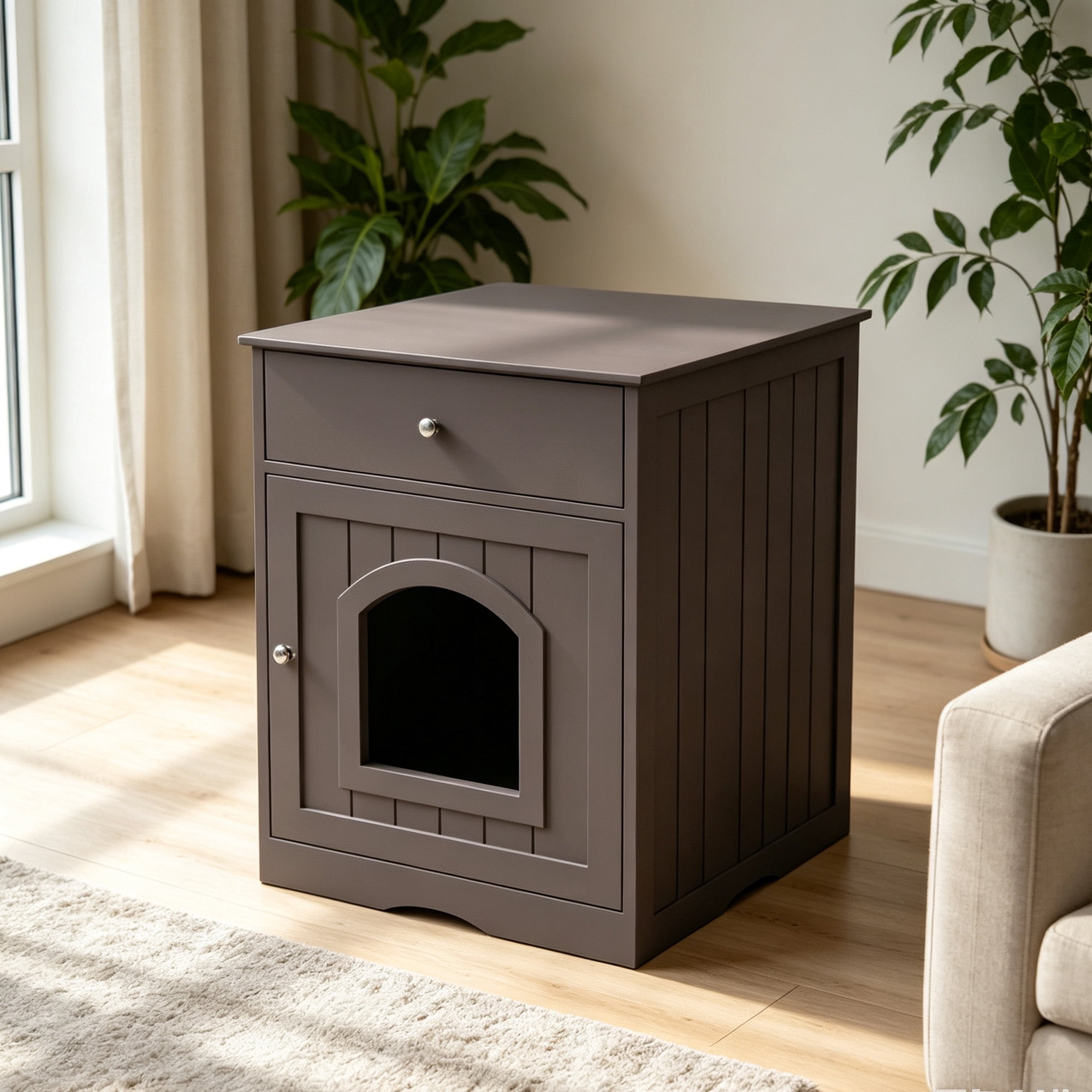 Leumius Wooden Pet House Cat Litter Box Enclosure with Drawer, Side Table, Indoor Pet Crate, Cat Home Nightstand (Brown)
