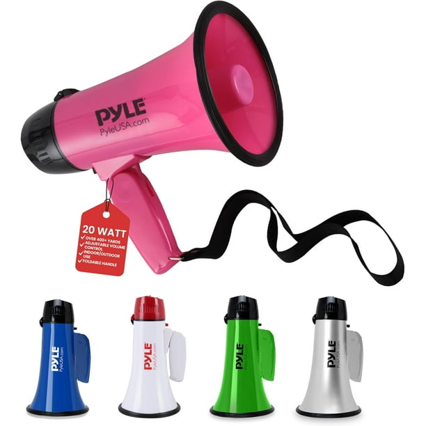 Megáfono Altavoz Portátil 20W Pyle, Alerta de Voz y Sirena, Megáfono de 13.7 cm x 21.8 cm, Alcance de Proyección hasta 750 Metros, Incluye Correa para Hombro, Funciona con Pilas, Rosa