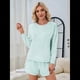 thumbnail image 4 of Conjuntos de Pijama para Mujer, Conjuntos de Dos Piezas A Rayas, Top de Larga y Pantalones Cortos con Abertura, Ropa de Dormir Estampada, Pijamas Cómodos. Verde L, 4 of 9