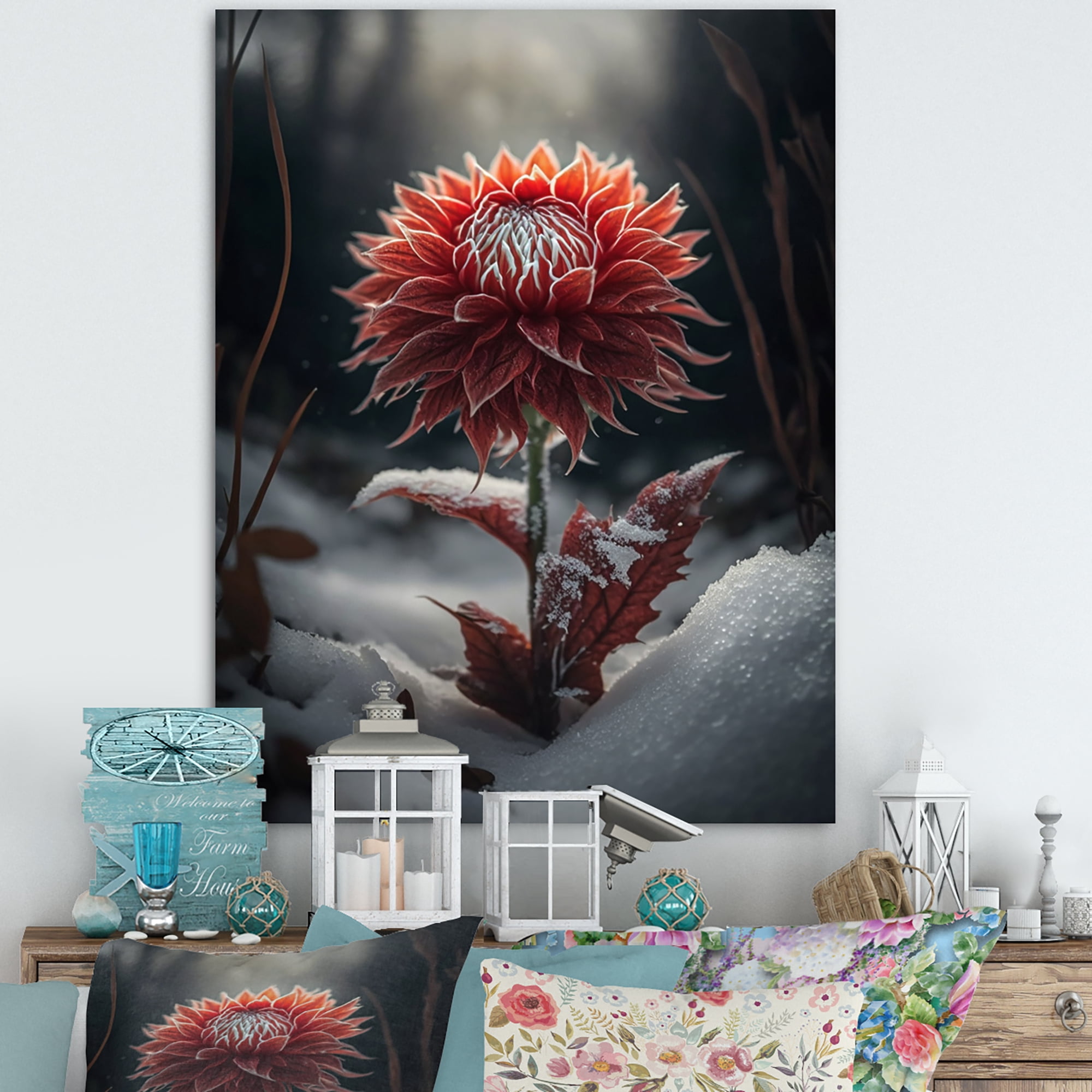 Designart A Blooming Red Dahlia Flower In Winter I Canvas Wall Art