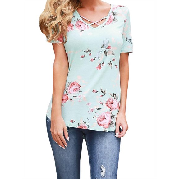 V-neck Cross Criss Women Short Sleeve Floral Print Casual T-shirts
