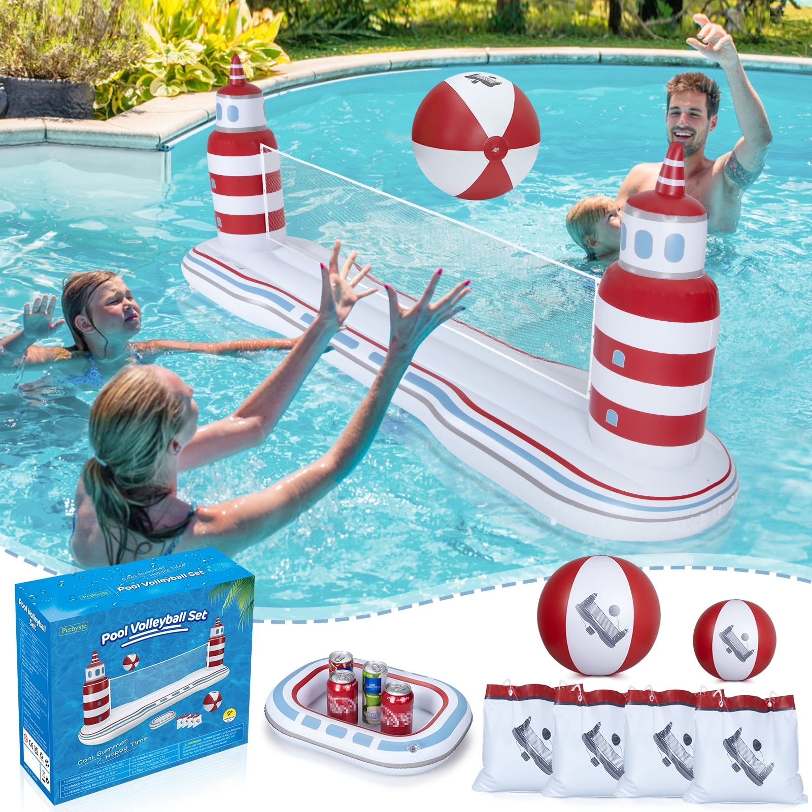 Simzone Pool Volleyball Set with 2 Balls 4 Weight Bags, Floating Water Volleyball Court for Kids